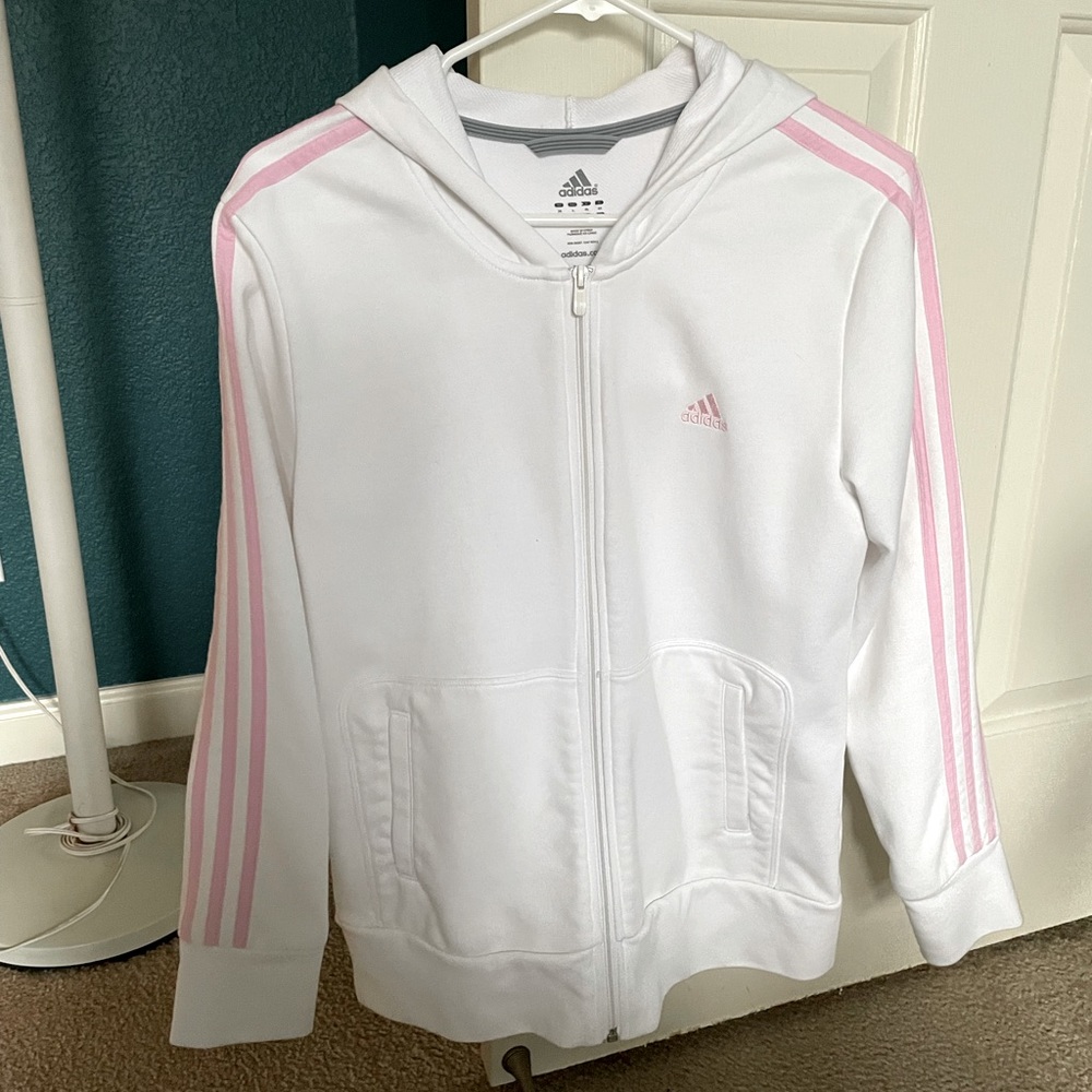 Adidas Zip-Up Hoodie, white with pink stripes, size large